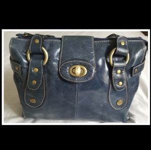 Navy blue leather handbag.
